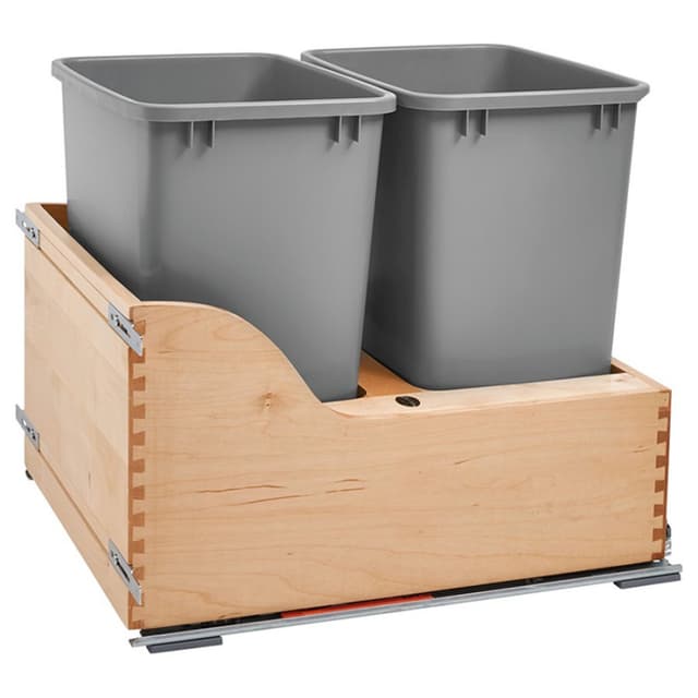 4WCSC Series Double Silver Bins, Bottom Mount Waste Containers for 18" Cabinet, Maple, Rev-A-Shelf